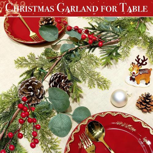 6 Ft Prelit Christmas Cedar Garland, Real Touch Christmas Garland with Lights, Realistic Soft Cypress & Eucalyptus Pine, Red Berries Pinecones,Battery Operated Garlands for Fireplace Mantle Table