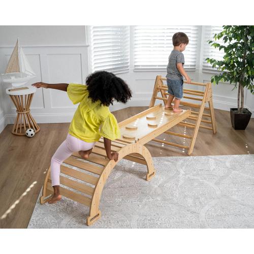 Avenlur Hazel 5-in-1 Indoor Climbing Gym - Waldorf and Montessori Climbing Set with Triangle Ladder, Climbing Ramp, Arch Climber, Rocker, and Slide - Montessori Toys for Children 18mo to 7yr (Natural)