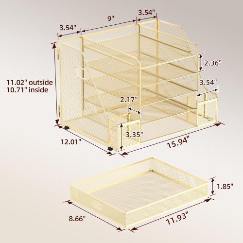 SUPEASY Mesh Desk Organizer with File Holder, 5-Tier Paper Letter Tray Organizer with Magazine Holder, Desktop Organizer and Storage with Drawer for Office Supplies Home or School, Gold