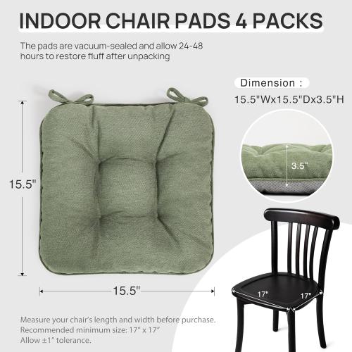 Love's cabin Memory Foam Chair Cushions Set of 4, 15.5x15.5x3.5 Indoor & Outdoor Seat Pads for Dining, Kitchen, Office, Patio Chairs - Green