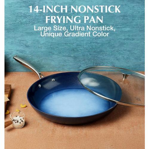 KOCH SYSTEME CS 14 Inch Large Frying Pan with Lid, Nonstick Skillet with Ceramic Interior, Large Fry Pan for Family & Commercial Cooking, Frying Pan Nonstick, Oven Safe & Induction Compatible, Blue