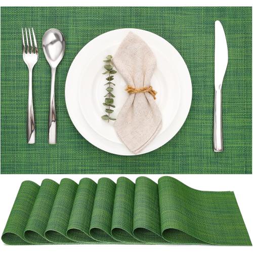 Myir JUN Placemats Set of 8, Vinyl Woven Placemats Place Mats Indoor Set of 8 Washable Table Mats Non-Slip Place mats for Dining Table (Dark Green, Set of 8)