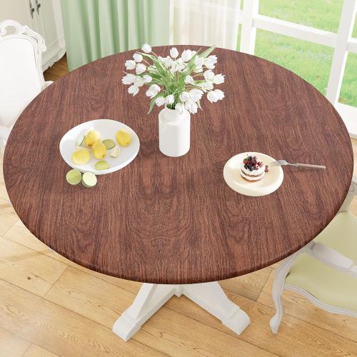 misaya Round Fitted Tablecloth with Elastic Edge, 100% Waterproof Oil Proof Plastic Table Cover, Vinyl Flannel Backed Tablecloth Fits 45-56 Round Tables for Dinner, Outdoor, Picnic, Oak Wooden Grain