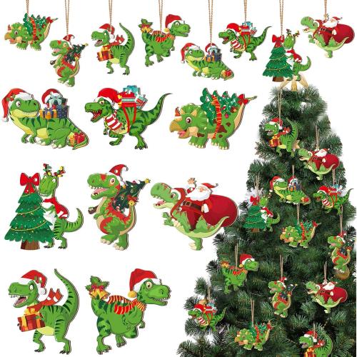 BBTO 40 Pcs Christmas Dinosaur Ornaments Christmas Tree Topper Ornaments Wood Decorative Hanging Dinosaur Wooden Decors for Tree Xmas Party Holiday Decoration