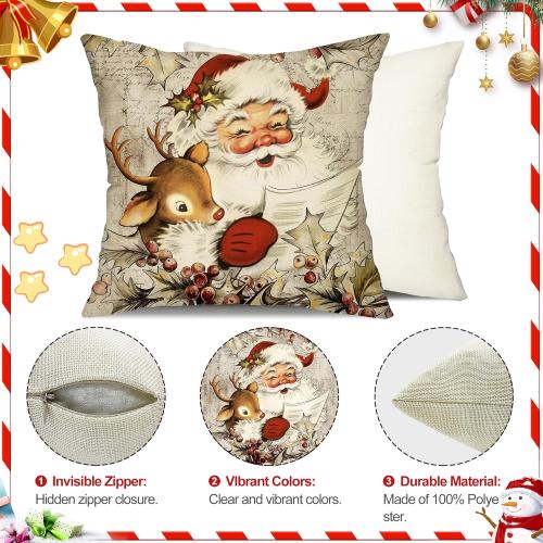 DFXSZ Christmas Pillow Covers 18x18 inch Set of 4 Santa Claus Reindeer Decorative Vintage Throw Pillow Covers Winter Retro Farmhouse Decoration for Home Couch BTHZ-140B18