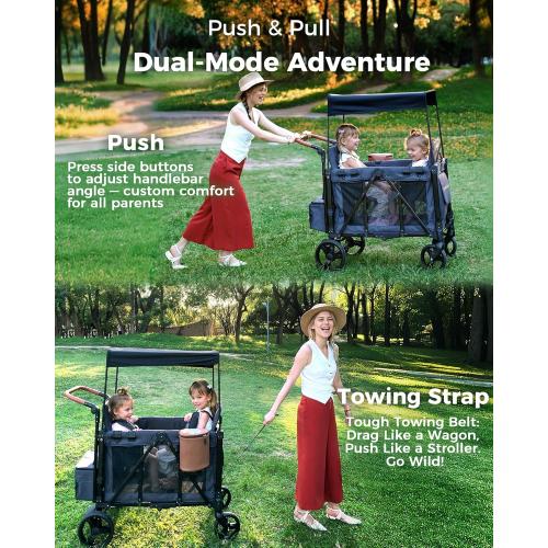 Wagon Stroller for 2 Kids with Insulated Snack Pack Foldable All-Terrain Wagon Stroller, 5-Point Harness & Canopy Parent Organizer Adjustable Handle (Grey)