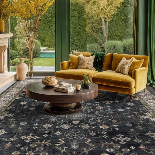 Size large Black Farmhouse Washable Area Rugs for Living Room, Bedroom, Dining Room Kitchen Table Rug for Under Table, Office, Dark Charcoal Tumble Stain Resistant Non-Slip Large Washable