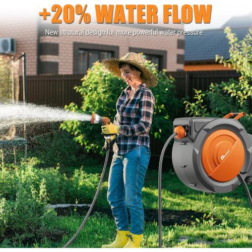 1/2 x 160 ft Retractable Hose Reel, Heavy Duty Retractable Garden Hose Reel Wall Mounted with 10-Pattern Hose Nozzle/Any Length Lock/Slow Return System/180°Swivel Bracket,Orange