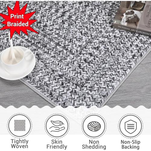 Runner Rug Print Braided Hallway Runner Rug Washable Entryway Rug, Stain Resistant Non-Slip Area Rug Farmhouse Solid Printed Textured Carpet for Bedroom Laundry Kitchen, Grey, 2' x 6'