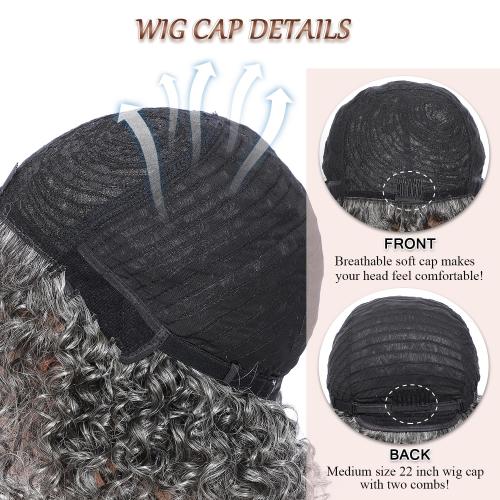 HUA Grey Human Hair Pixie Cut Wigs for Black Women - Mixed 8 Inch Short Salt and Pepper Straight Layered Grey Wigs with Natural Wave