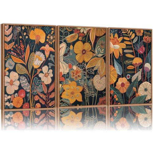 Set of 3 Size 24x36x3 SIGNINART Boho Botanical Framed Canvas Wall Art Set of 3, Mid Century Modern Wall Decor, Burnt Orange Floral Artwork, Neutral Flower Plant Art Prints for Bedroom Living Room Office