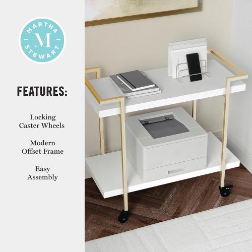 Martha Stewart Liam 2-Tier Mobile Office Storage and Printer Cart in White with Polished Brass Frame