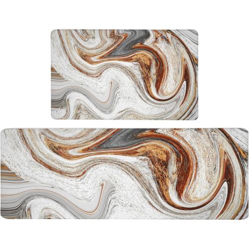 Kitchen Mats for Floor Anti Fatigue Floor Marble Cushioned Memory Foam Non Slip PVC Leather Padded Comfort Standing Rugs Set of 2, 17.3x28+17.3x47 Inch,0.4 Inch Thick