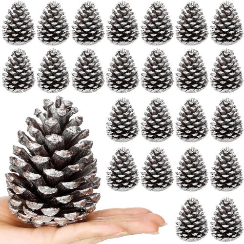 Janinka 24 Pcs Large Silver Christmas Glitter Pine Cones 4 Inch Pine Cone Ornaments Artificial Christmas Pinecone Decorations for Xmas Tree Vase Fillers Garland Wreath DIY Craft