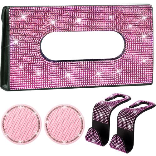 Pink Visor Mask Holder for Car, Sterling Rhinestone Car Cup Coaster, Pink Bling Car Seat Hook, Set of 5 Visor Accessories Decor for Women, Girly Auto Interior Accessories(5 Pcs Pink)