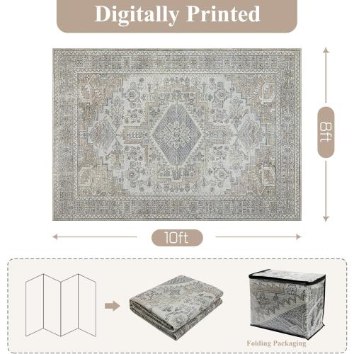 Beige 8x10 Machine Washable Rugs Area Rugs for Living Room,Ultra Soft Low Pile Retro Rugs for Bedroom,Dining Room,Large Non Slip Carpet Vintage Distressed Accent Rug for Farmhouse Office Home Decor