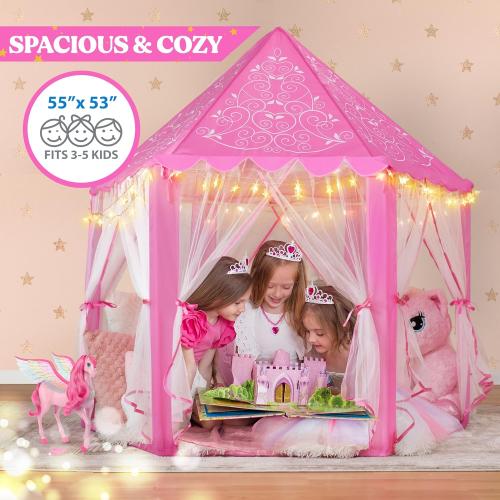 W&O Princess Tent with Fantasy Sound Button, LED Lights, Crown & Wand Set – Indoor & Outdoor Play Tent for Kids Ages 3-8