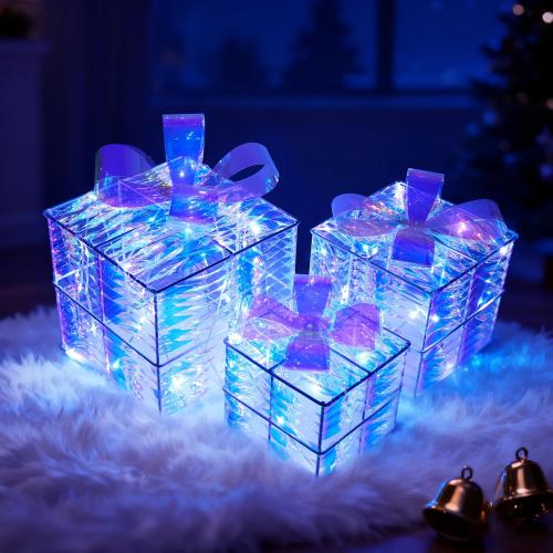 JOIEDOMI Christmas Lighted Gift Boxes, Light Up Christmas Decorations Set of 3 Iridescent Present Boxes, Xmas Boxe Light with LED Cool White for Indoor Porch Patio Holiday Xmas Eve Night Décor