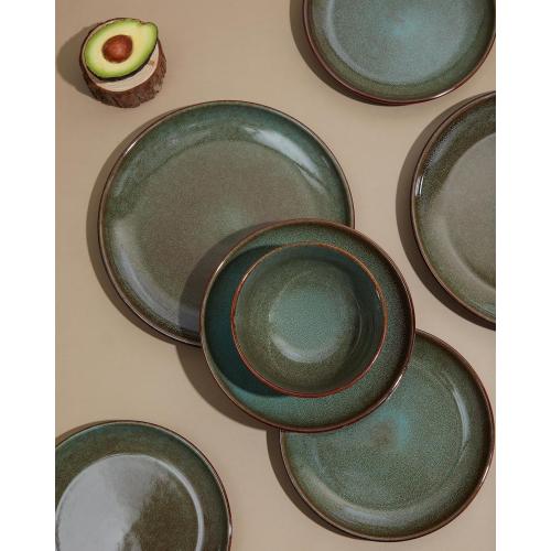 Stoneware Dinnerware Sets for 6, 18 Pieces Ceramic Plates and Bowls Sets, Chip and Scratch Resistant Dish Set, Dishwasher & Microwave Safe Plate Set, Brown Green