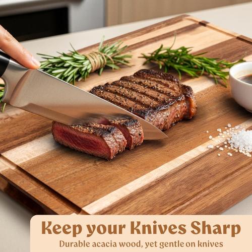 Acacia Wood Cutting Board for Kitchen, Non-Toxic Cutting Board Set of 3, Chopping Boards with Deep Juice Groove for Meat, Cheese & Vegetables - Durable & Double sided with serving Compartments