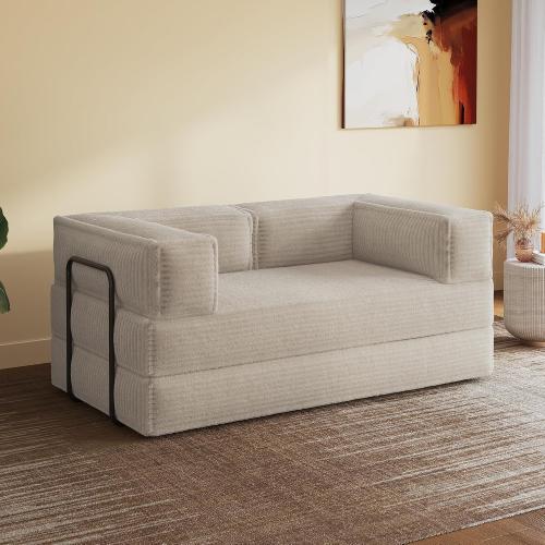 WLIVE 71'' Futon Sofa Bed, Convertible Sleeper Sofa, Folding Pull Out Couch Boneless Mattress with Fixed Frame, Corduroy, with Storage Pocket, Beige