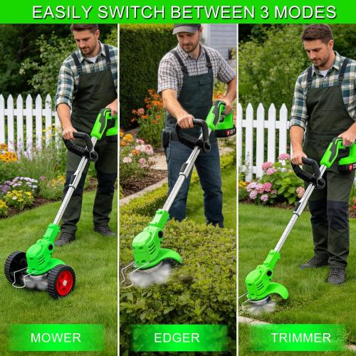 Cordless Weed Wacker Electric Eater Battery Powered Stringless Weed Trimmer 4-in-1 Grass Trimmer/Brush Cutter/Lawn Edger/Mower Lightweight Garden Tool with 4 Types Blades & Wheels for Garden Yard