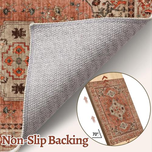 Tangsoo Boho Rug Washable Area Rugs for Living Room, Oriental Vintage Indoor Non Slip Large Area Rug, Print Terracotta Carpet, Soft Low Pile Rug Foldable Floor Rugs for Bedroom Dining Room Dorm