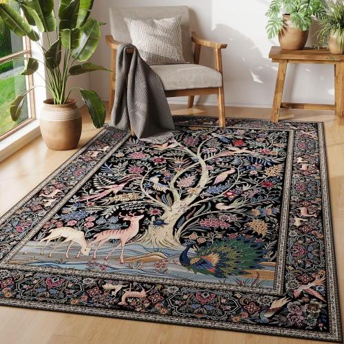 Vibrant Tree of Life-Patterned Vintage Washable Rugs Non Slip Low Pile Small Carpet for Bedroom Bedside Kids Room Office Dining Room, Black