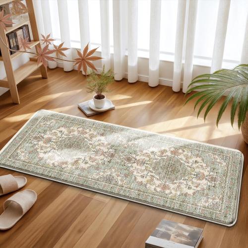 Boho Kitchen Mats for Floor 2 Piece Set Anti Fatigue Cushioned PVC Kitchen Rugs Non Slip Waterproof Farmhouse Mats  Comfort Standing Mat for Laundry, Green Orange Beige