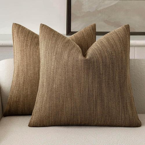 Foindtower Set of 2 Decorative Textured Burlap Linen Throw Pillow Covers Farmhouse Boho Cushion Cover Solid Accent Pillowcase for Couch Sofa Bed Living Room Home Decor,20×20 Inch,Cocoa Brown