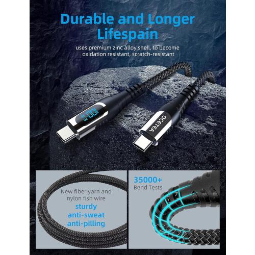Long USB C to USB C Cable 3M, 100W PD Fast Charging Cable Type C Nylon Braided Cable with LED Display for iPhone 15/15 Pro/15 Plus/15 Pro Max, MacBook, iPad, Galaxy S23 S22, Pixel