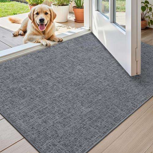 Color&Geometry Ultra Thin Indoor Door Mat (Rolled-up NO Creases) 32x48, Non Slip Rubber Backed Dirt Trapper Door Mat Indoor Entrance, Low Profile Entryway Mat, Easy Clean, Dark Grey Linen