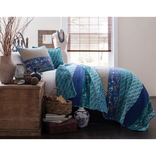 Lush Decor Royal Empire Reversible Cotton Quilt Set, 3 Piece Set King, Peacock - Striped Bedding Set - Floral Quilt King Size - Blue Bedding - Boho Decor