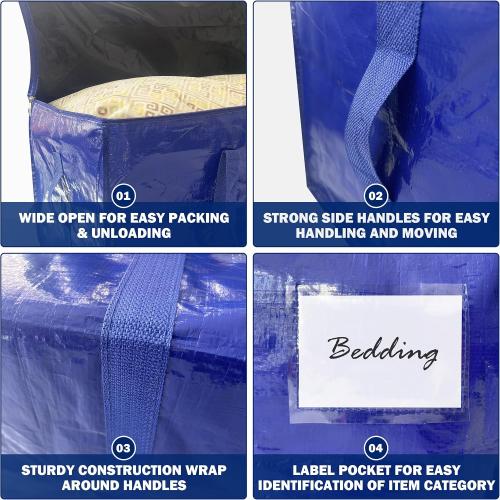 4 Pack Extra Heavy Duty Large Moving Bags with Strong Zipper & Carrying Handles, Sturdy Clothes Storage Bags Totes Bins, Packing Moving Boxes College Supplies, Dark Blue - 24 gal‼️used‼️