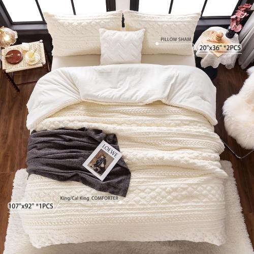 Comforter Sets KING Size Bed, Boho Tufted Cal KING Bedding Down Comforter, Lightweight Super Soft Reversible Washed Cotton Shabby Plush Fleece Sherpa All Season, Off White Ivory