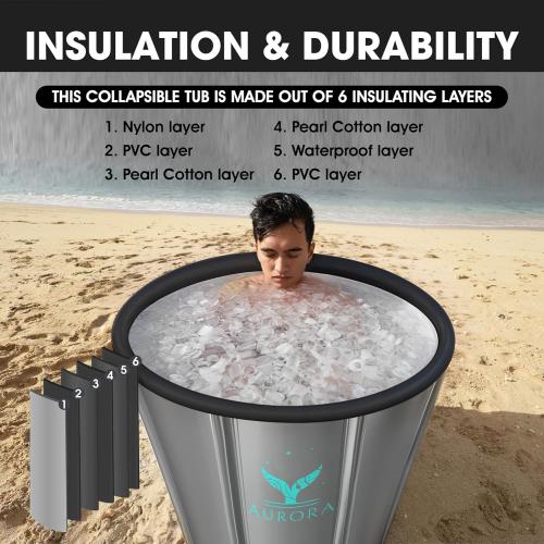 Aurora Size  XL Color Grey Ice Bath Tub For Up To 6'7 - Heavy Duty Upgraded Ice Bath, Ice Plunge Tub - Thermometer & Timer Included - Inflatable Ice Bath - Grey, Portable Ice Bath, Ice Tubs for Cold Plunge