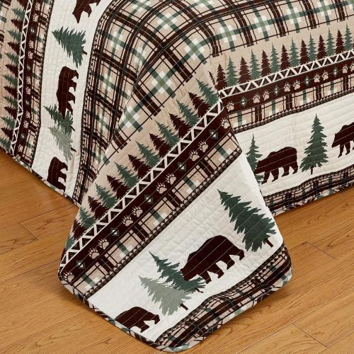 Market & Place 3 Piece Reversible Quilt Set with Shams | All-Season Soft & Lightweight Bedspread | Rustic Lodge Cabin Printed Plaid Design | Cedar Creek Collection (Full/Queen, Chocolate/Green)