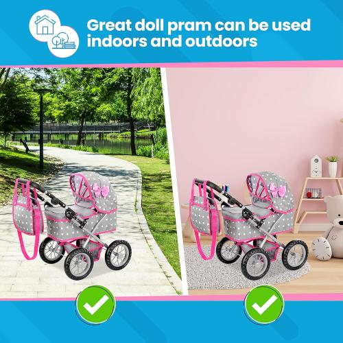 Kinderplay Baby Doll Stroller | Baby Doll Pram | Baby Doll Carriage - Stroller for Baby Dolls with Adjustable Handle (12.99-24.80 inches) | Babydoll Reborn Strollers | Model KP0261S