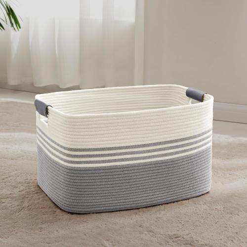 72L Large Laundry Basket with Leather Handles for Living Room Storage, Woven Rope Baskets Bin for Blanket, Kids Toy, Gifts, Wicker Hamper for Bedroom Dirty Clothes, 22x17x12 White Grey
