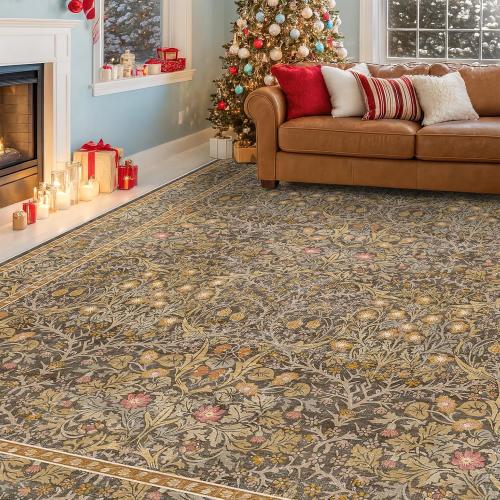 Washable Dining Room Rugs for Under Table - 6x9 Brown Oriental Area Rug for Living Room, Low Pile Non-Slip Floor Carpet for Bedroom Under Bed - Vintage Design & Stain Resistance