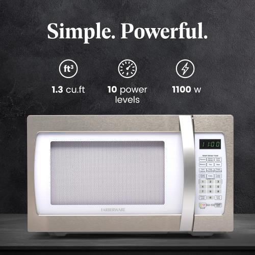 Farberware 1.3 Cu. Ft. Countertop Microwave Oven – 1100 Watts Power, Smart Sensor Auto Cook Settings, Defrost, Easy Clean and Child Safety Lock - White Platinum
