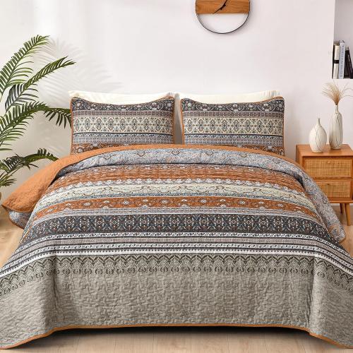 WONGS BEDDING Boho Queen Quilt Set, Brown and Grey Bohemian Quilt Bedding Set, Fall Lightweight Bed Decor Bedspread for All Season Reversible Microfiber Coverlet Bedding Set 96x90(3 Pieces)