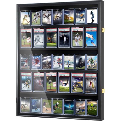 Baseball Card Display Case-35 Graded Sports Card Display Frame,UV-Protected Transparent Visual Lockable Wall Cabinet for Football Baseball Basketball Hockey Trading Cards,Large Vertical Black