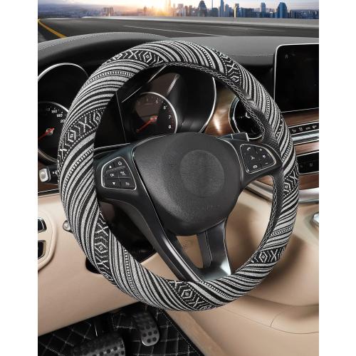 Size 14 1/2-15 1/4 inches Color Black and Grey SEG Direct Boho Steering Wheel Cover with Baja Blanket Cloth, Ethnic Style Auto Wheel Cover Made of Coarse Flax, Fits 14 1/2-15 1/4 inches Car Wheel