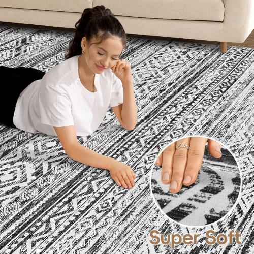 5x7 Area Rug for Living Room, Washable Non-Slip Large Area Rug, Indoor Floor Carpet Low Pile Soft Boho Farmhouse Rug for Bedroom Dining Room （White/Black，5x7）