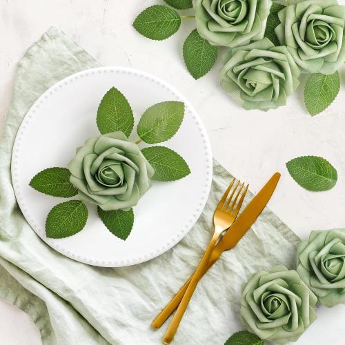 Mocoosy 50Pcs Rose Artificial Flowers, Sage Green Fake Roses for Decorations, Real Touch Elf Green Foam Roses with Stems DIY Wedding Bouquet Bridal Shower Centerpieces Floral Arrangements Home Decor