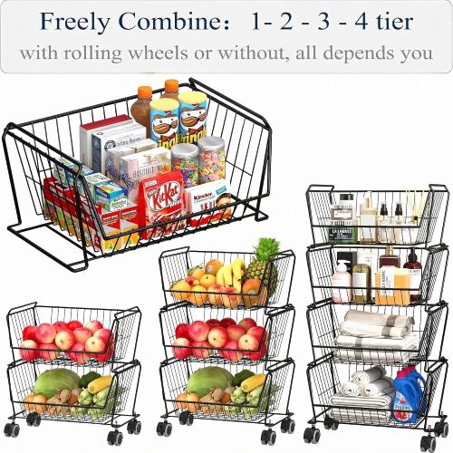 PUSDON 4-Tier Large Stackable Wire Storage Baskets with Wheels, Metal Rolling Utility Cart Organizer, Produce Basket for Kitchen Pantry, Floor Shelf, Matte Black