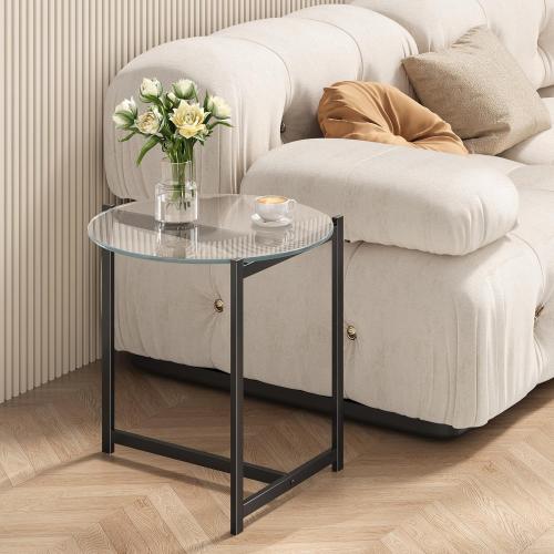 16 Inch Round Glass Coffee Table, Tempered Clear Glass Top with Sturdy Black Metal Frame, Easy Assembly Modern Side Table/End Table for Living Room, Bedroom, Office