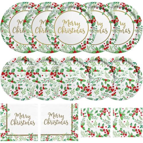 Christmas Party Supplies, Serve 50, Christmas Seasonal Holly Tableware Includes: Paper Dinner Plates, Dessert Plates, Luncheon Napkins and Beverage napkins, Great for Party Decorations