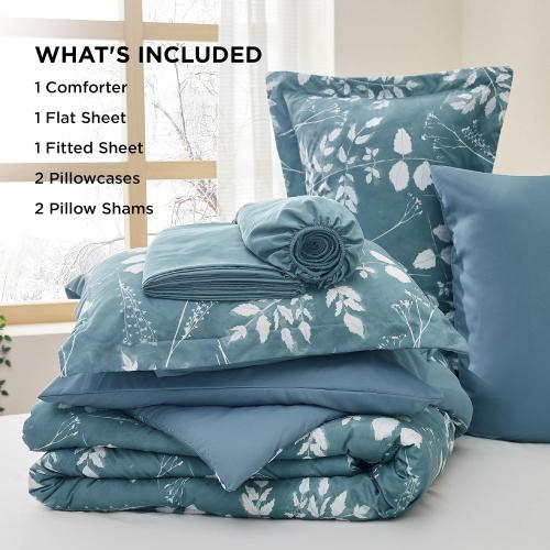 Bedsure Queen Comforter Set - 7 Pieces Floral Mineral Blue Soft Bedding Sets, Queen Bed in a Bag with Botanical Flowers Comforter, Sheets, Pillowcases & Shams